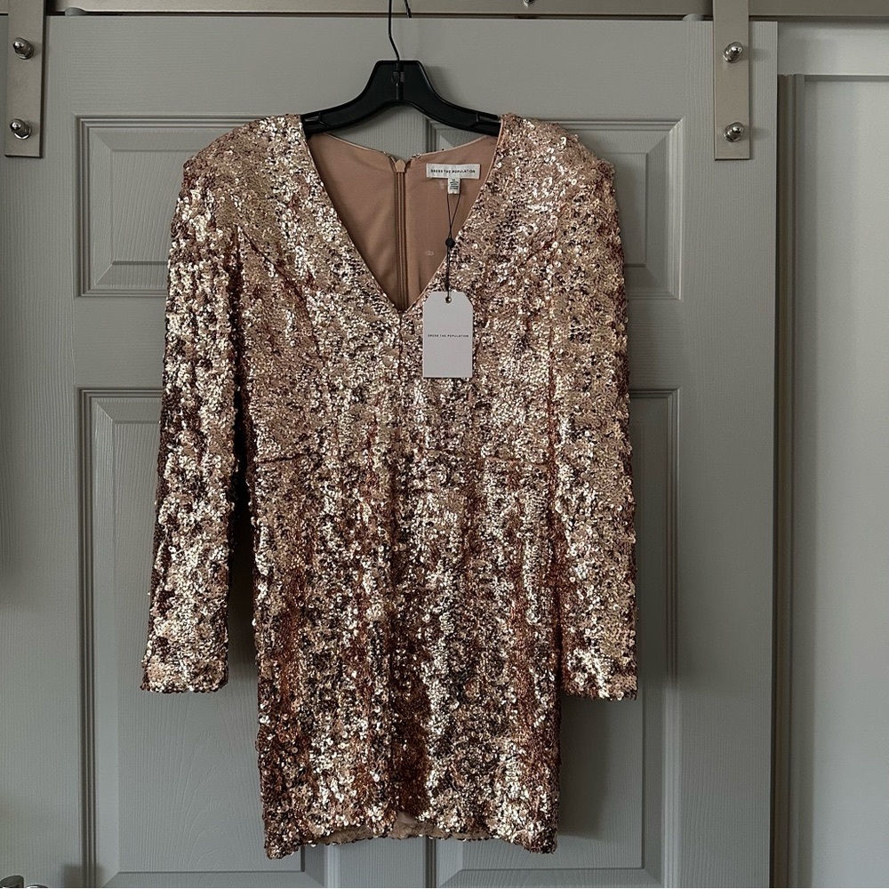 Dress the Population Gold Sequin V-Neck Dress